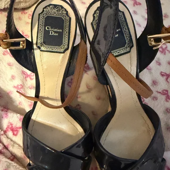 Dior Navy and Tan Wedge Sandals - Picture 2 of 2
